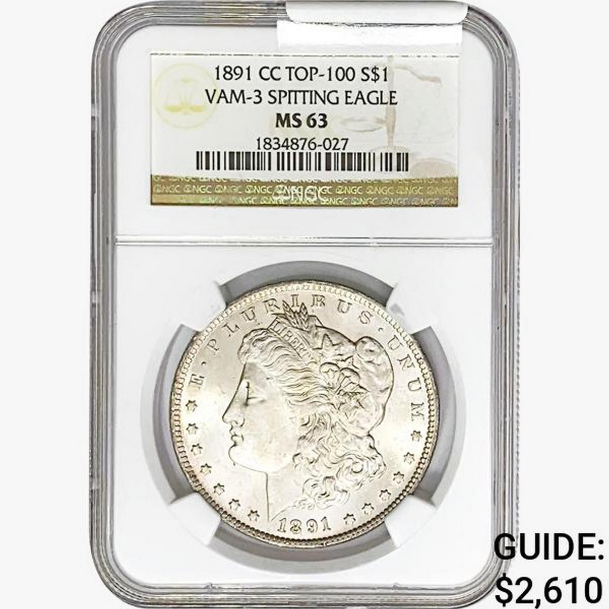 1891-CC Morgan Silver Dollar NGC MS63 VAM-3 Spit.