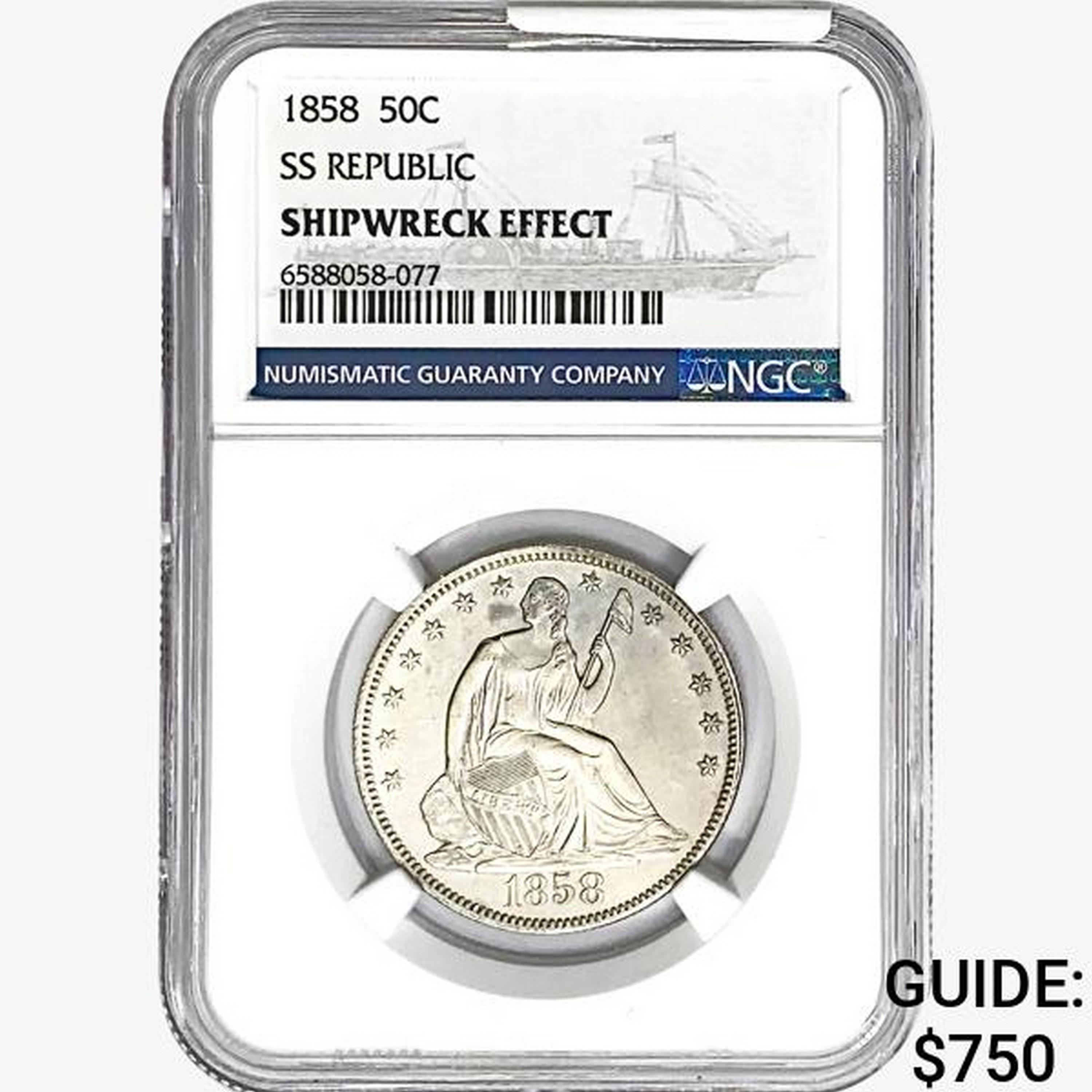 1858 Seated Lib. 50C NGC Shipwreck Effect SS REP.