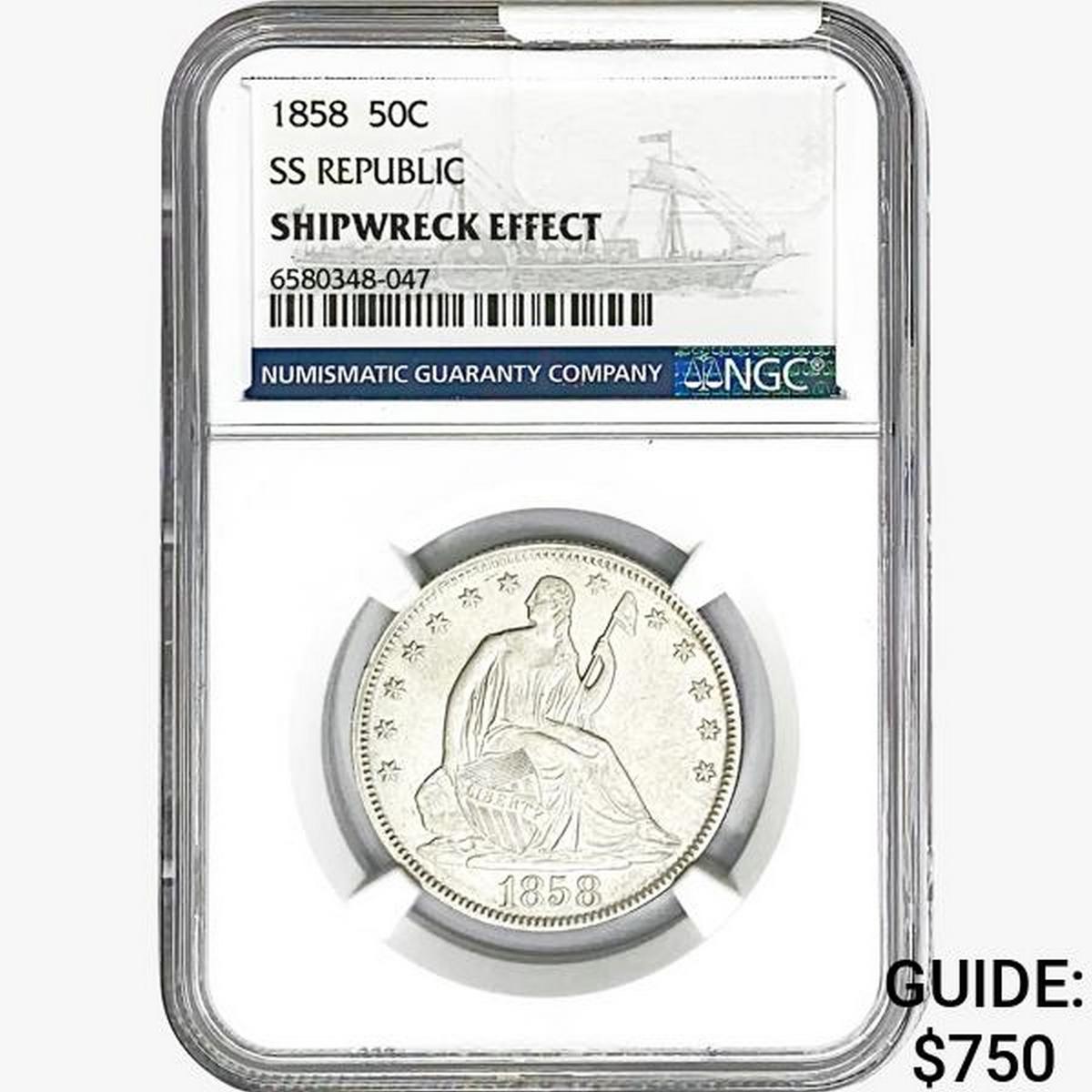 1858 Seated Lib. 50C NGC Shipwreck Effect SS REP.