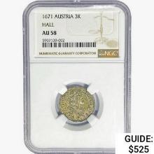 1671 Austria 3 Kreuzer Hall .0519oz. SILV NGC AU58