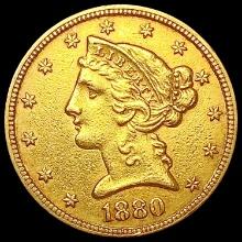 1880 $5 Gold Half Eagle CLOSELY UNCIRCULATED