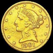 1901-S $5 Gold Half Eagle NEARLY UNCIRCULATED