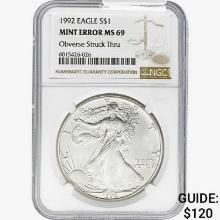 1992 Silver Eagle NGC MS69 OBV Struck Thru Mint Er