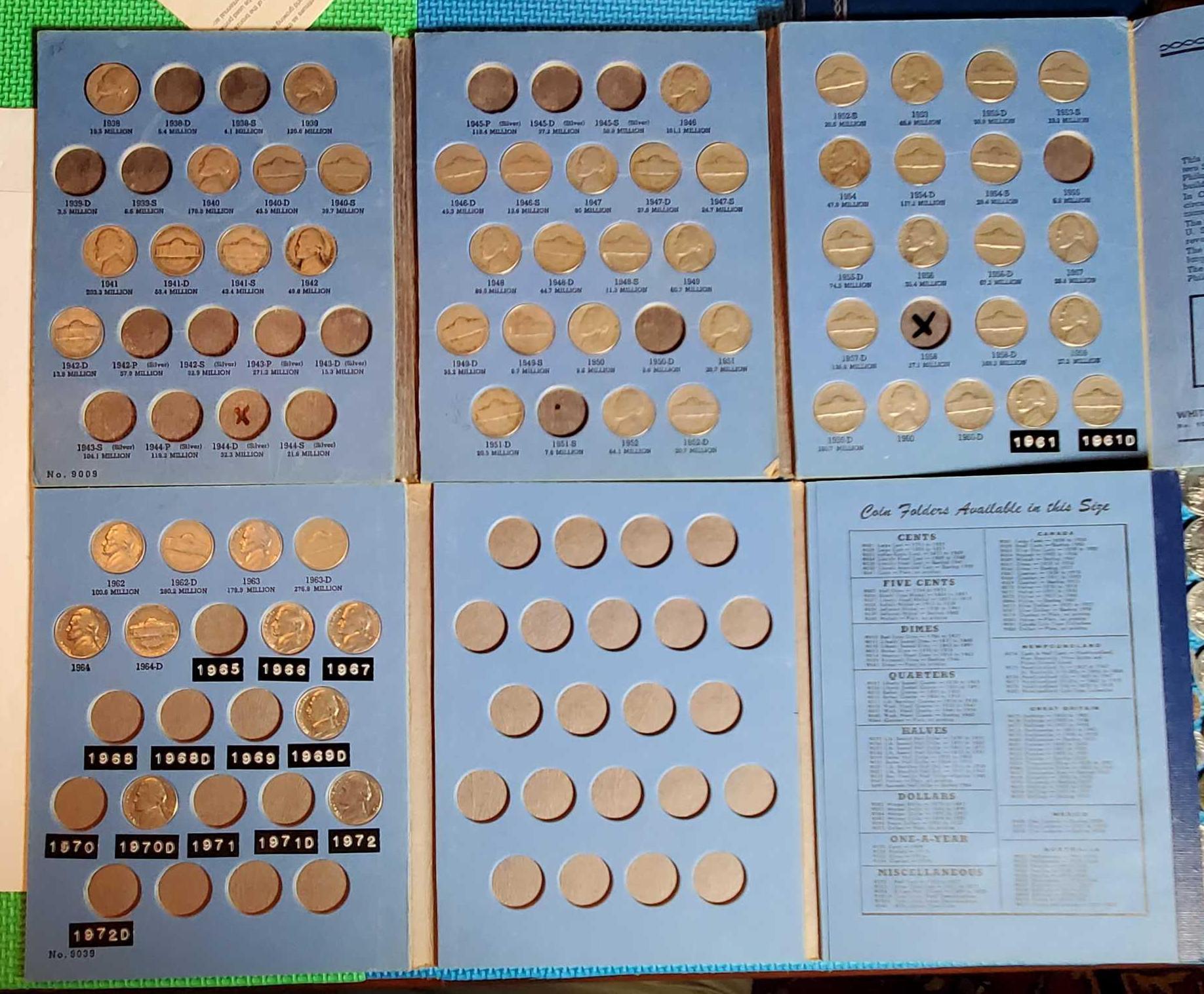 8 Proof and 2 UNC US Mint Sets, Partial Jefferson Nickel and Wheat Cent Albums, and World Coins