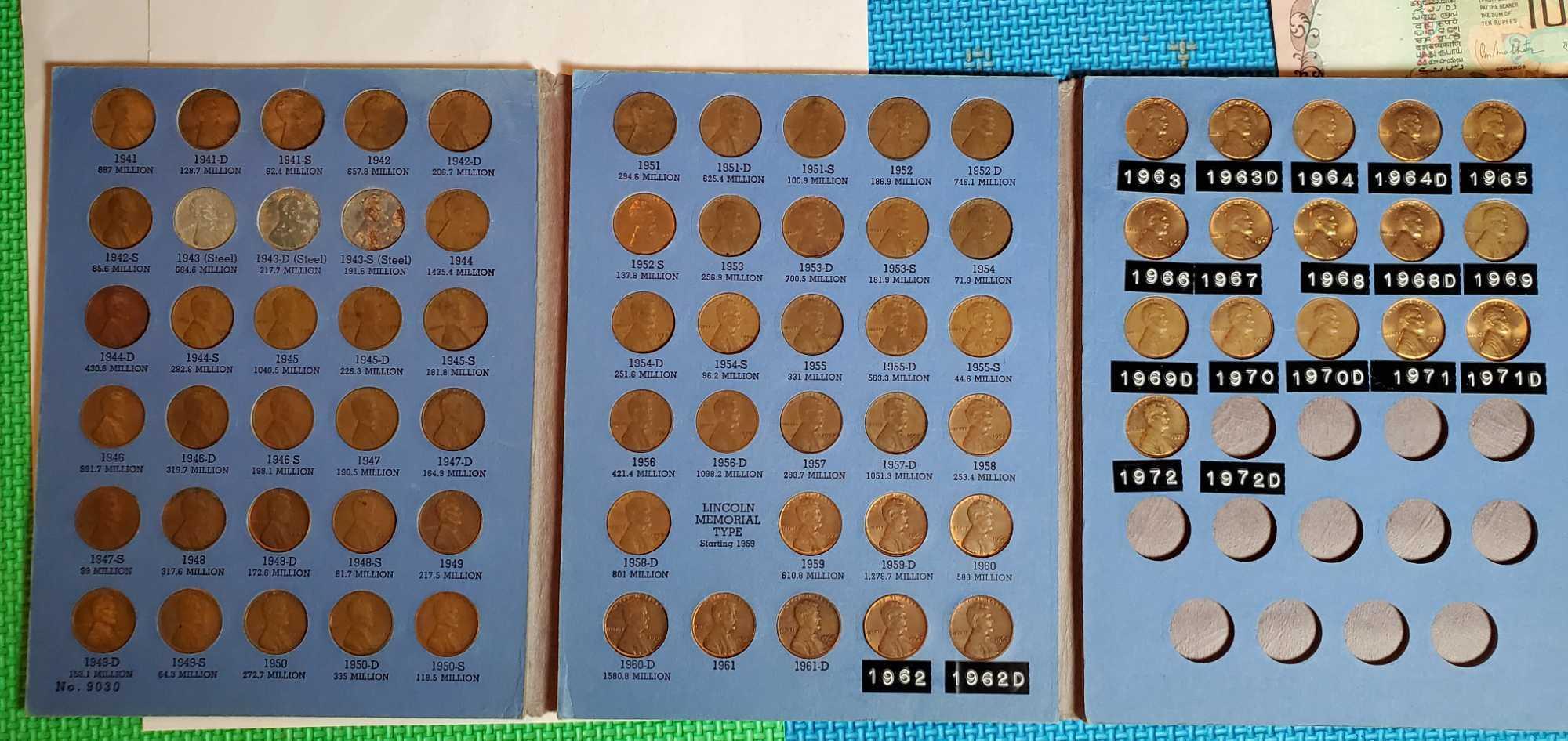 8 Proof and 2 UNC US Mint Sets, Partial Jefferson Nickel and Wheat Cent Albums, and World Coins