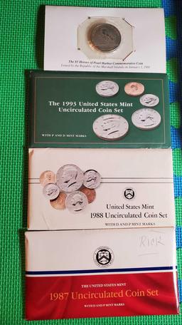8 Proof and 2 UNC US Mint Sets, Partial Jefferson Nickel and Wheat Cent Albums, and World Coins