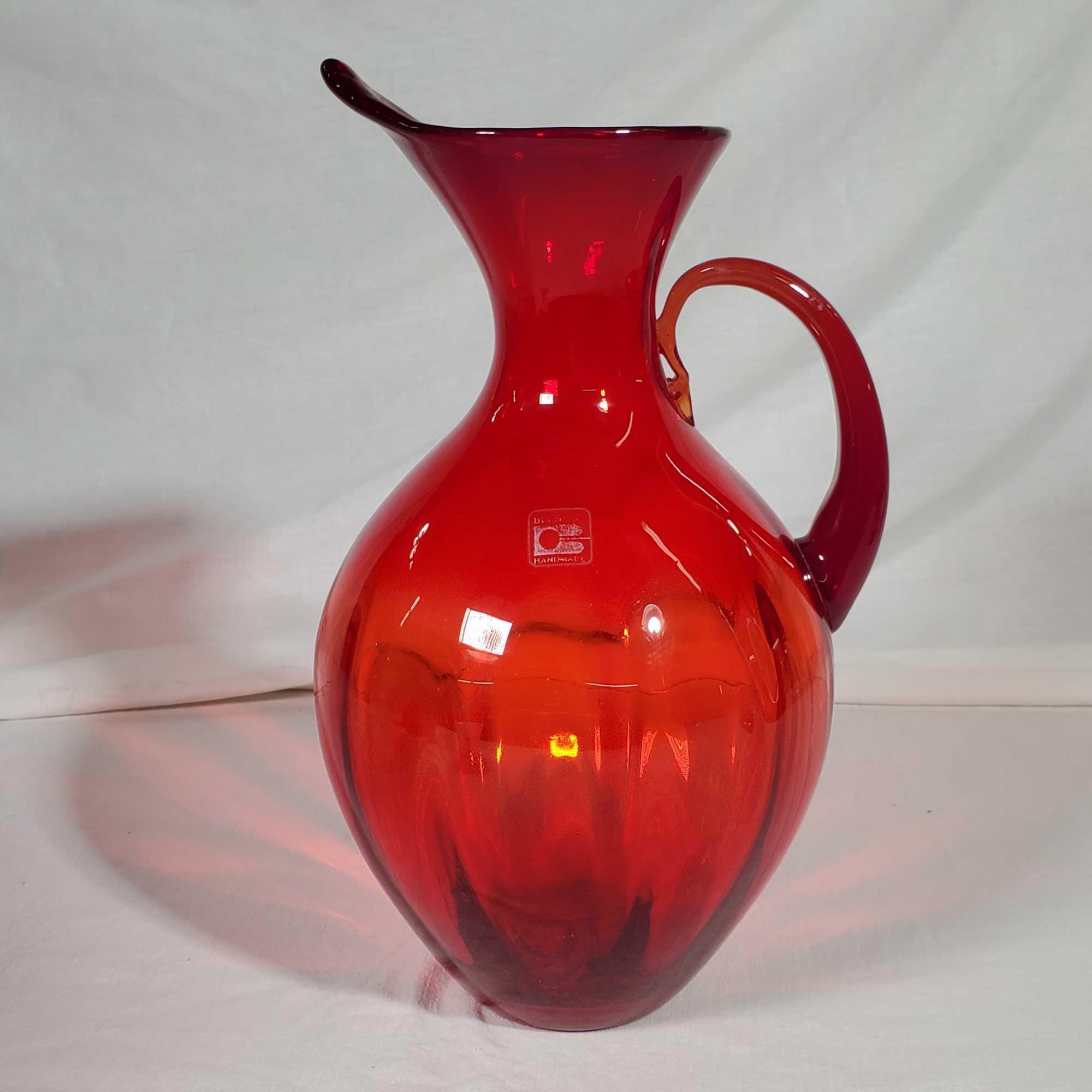 Vintage Red Blenko Art Glass Vases and Ewer