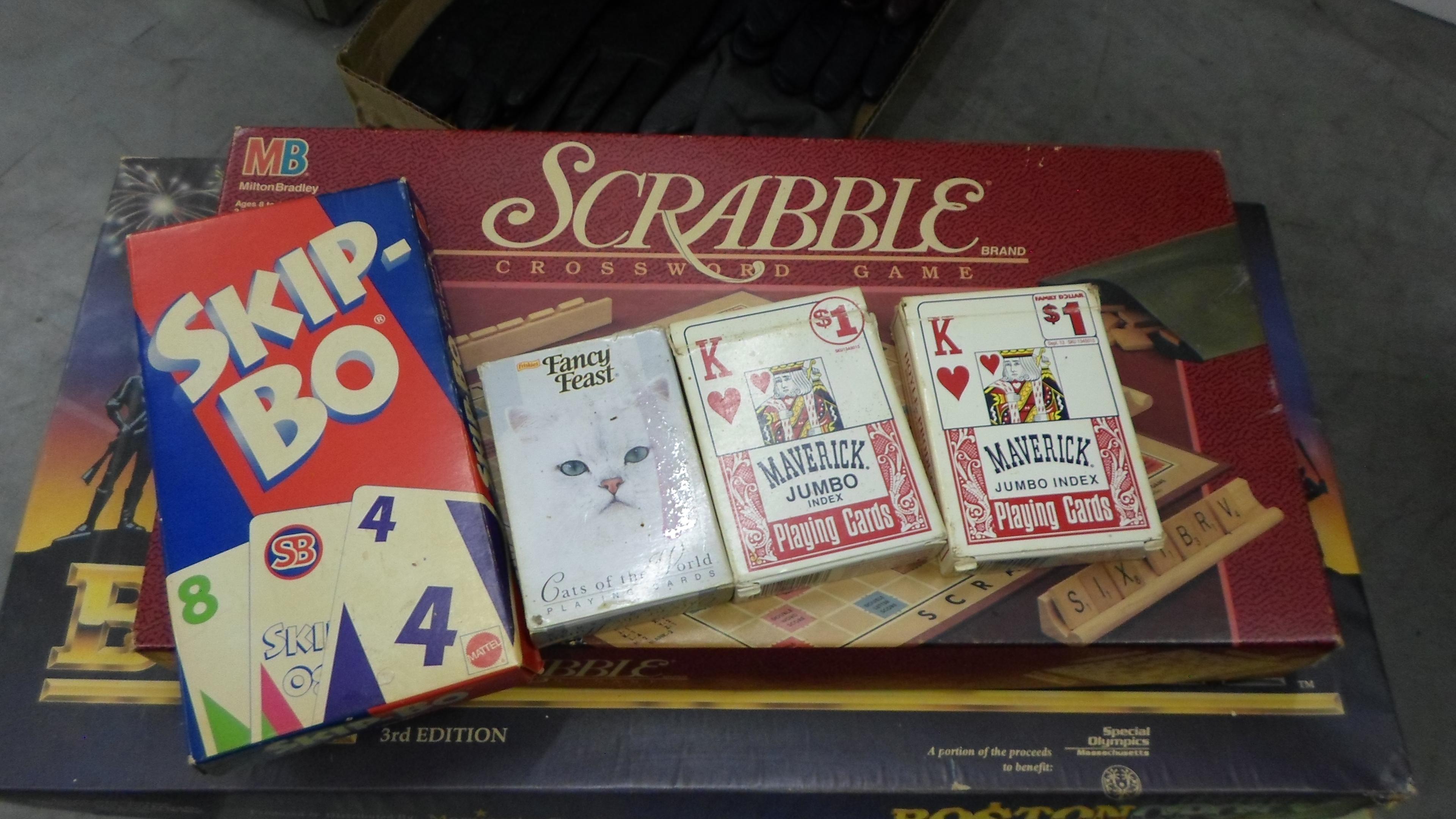 boardgames, scrabble, bostonopoly, monopoly, tripoley and card decks