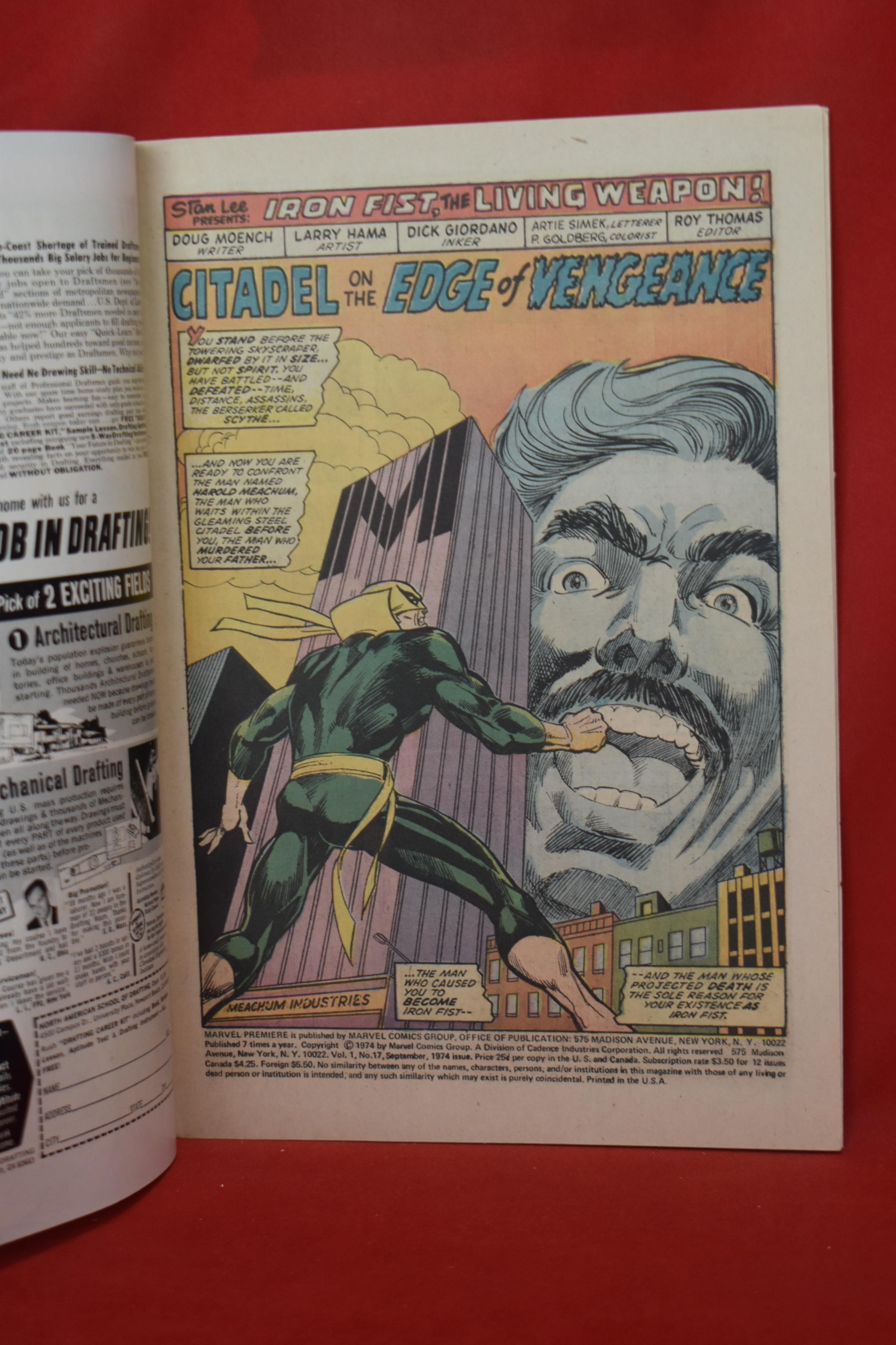 MARVEL PREMIERE #17 | KEY 3RD APP AND ORIGIN OF IRON FIST, 1ST APP OF TRIPLE-IRON