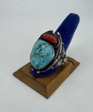 Navajo Sterling Silver Turquoise Coral Ring