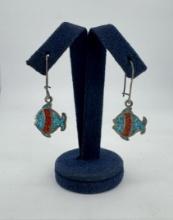 Zuni Chip Inlaid Sterling Silver Fish Earrings