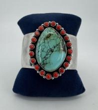 Navajo Sterling Silver Turquoise Coral Bracelet