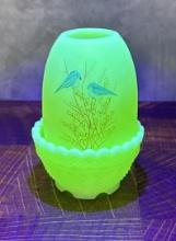 Fenton Glass Yellow Custard Blue Bird Fairy Lamp