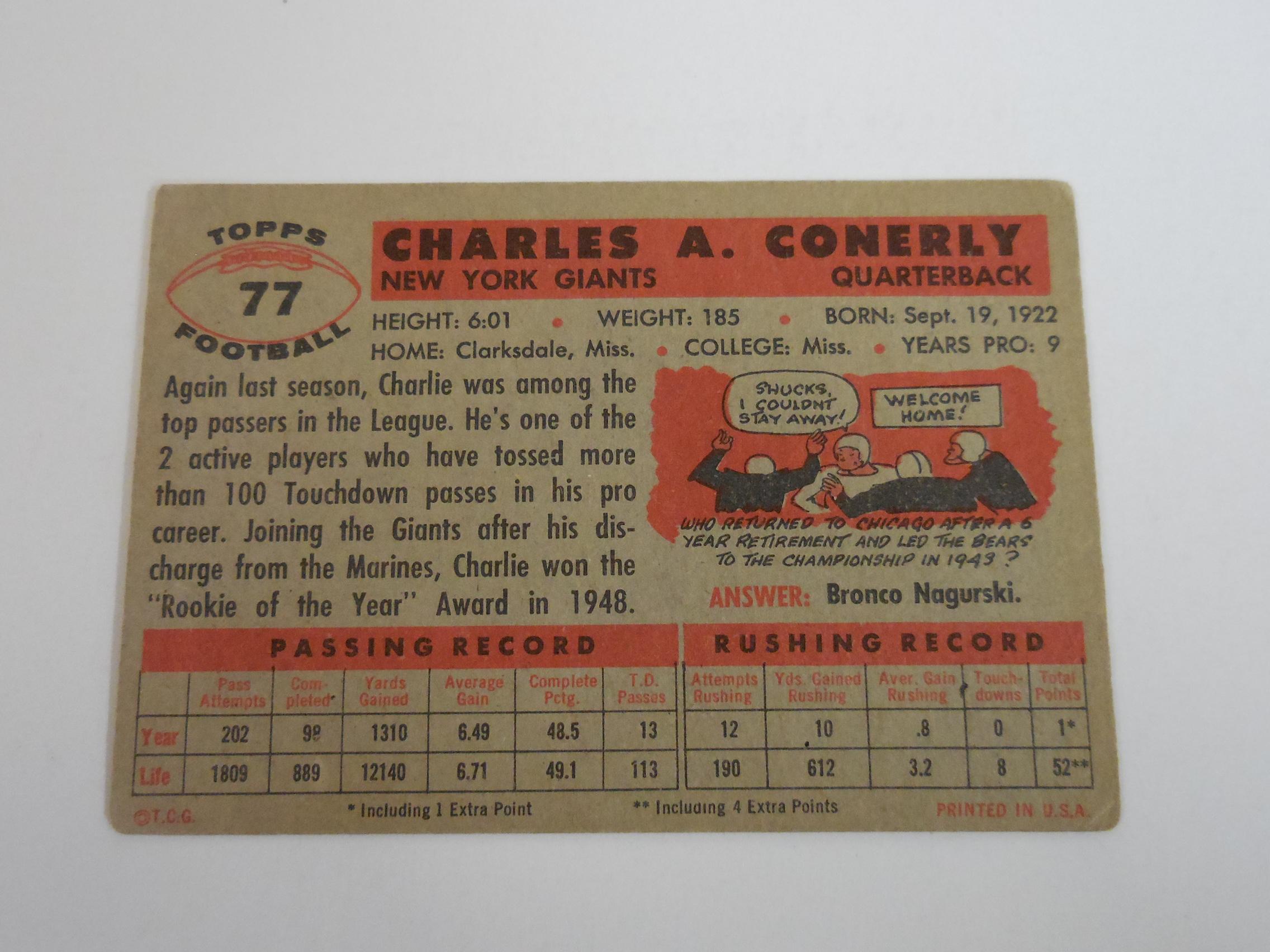 1956 TOPPS FOOTBALL #77 CHARLIE CONERLY NEW YORK GIANTS VINTAGE