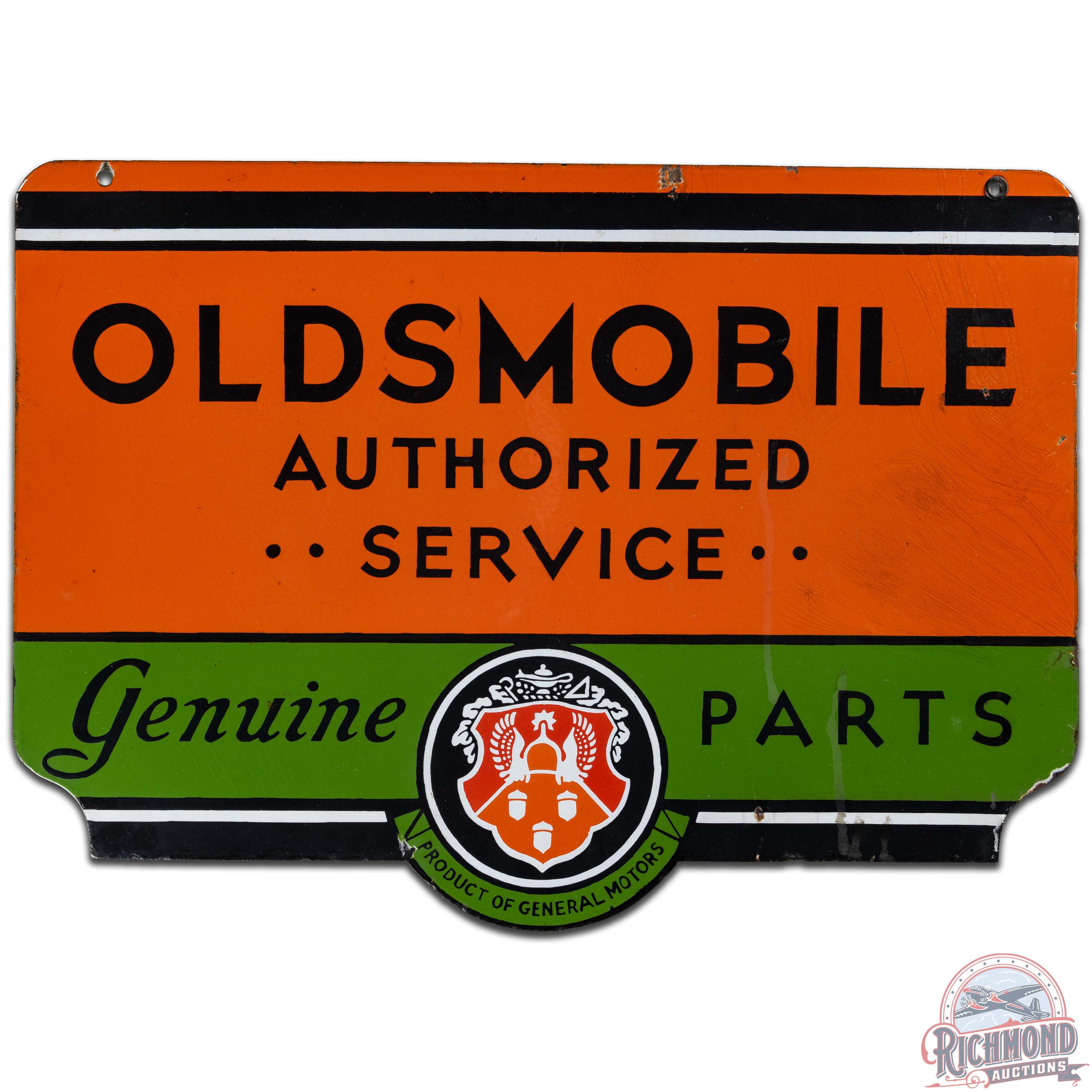 Early Oldsmobile Authorized Service GM Parts DS Porcelain Sign w/ Crest Logo