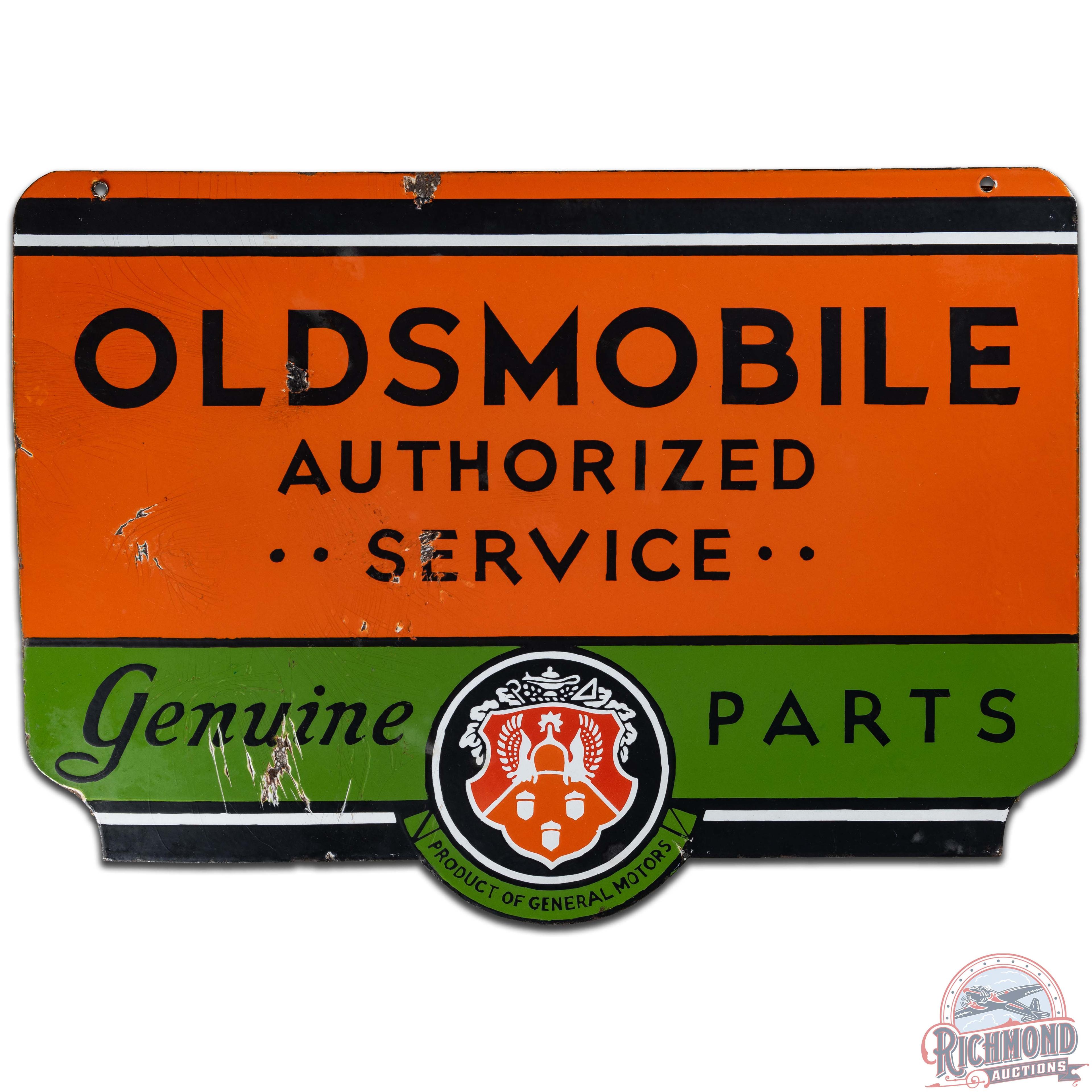 Early Oldsmobile Authorized Service GM Parts DS Porcelain Sign w/ Crest Logo