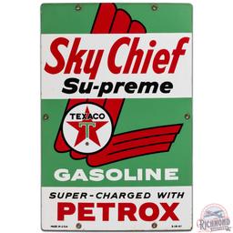 1961 Texaco Sky Chief Supreme Gasoline SS Porcelain Pump Plate Sign