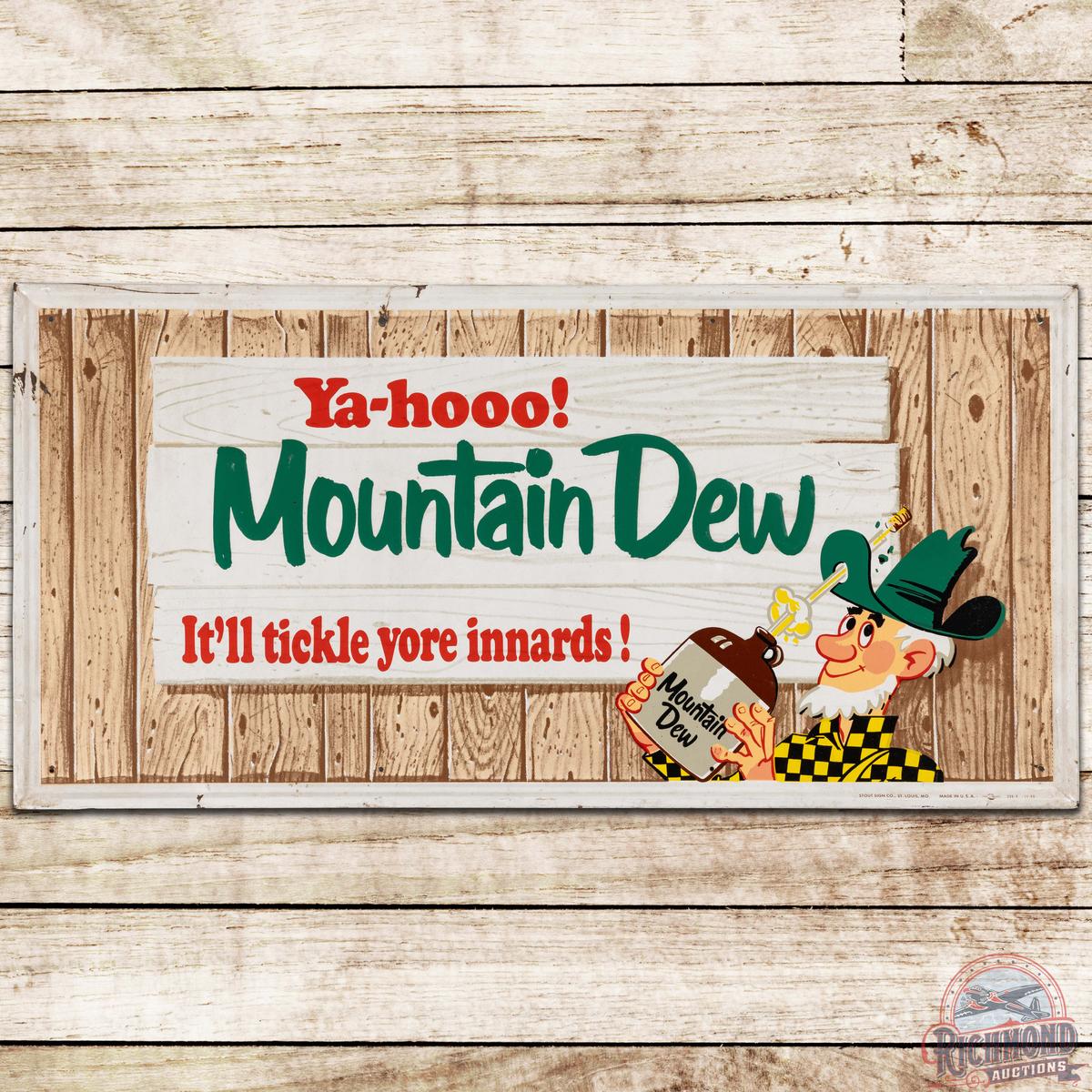 1966 Mountain Dew "It'll tickle yore innards!" Emb. SS Tin Sign w/ Hillbilly