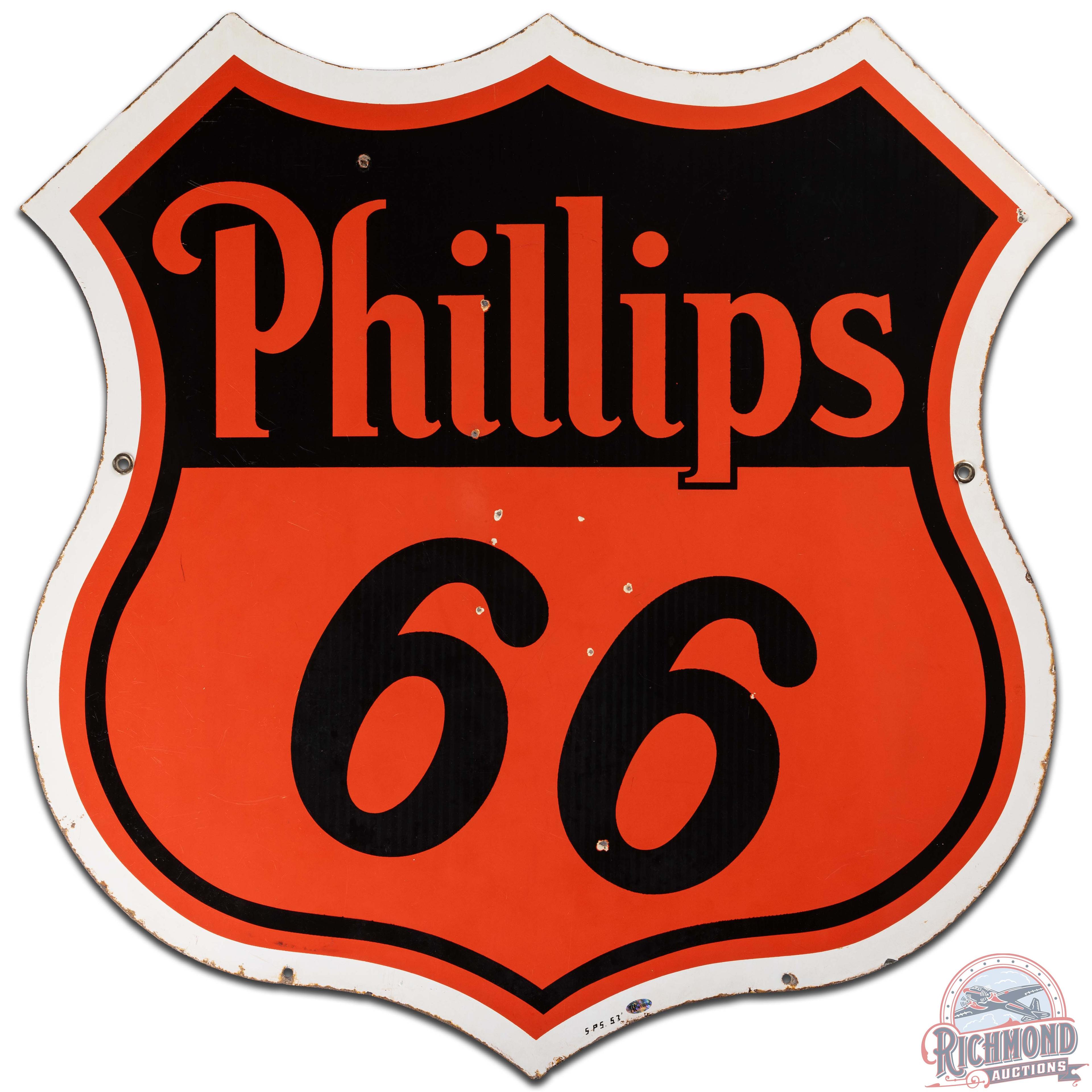 1957 Phillips 66 30" DS Porcelain Shield Sign w/ White Border