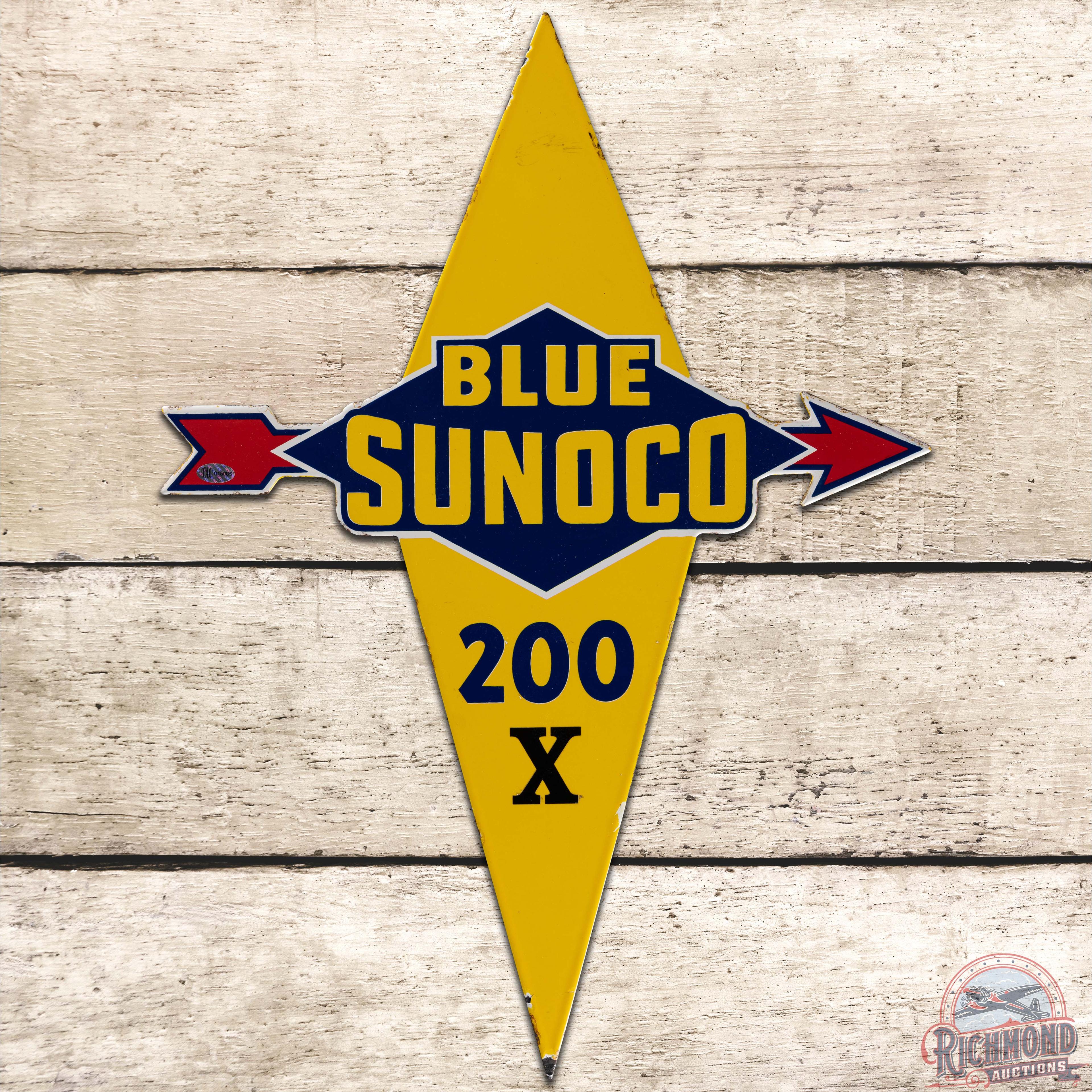 Blue Sunoco 200 X Die Cut SS Porcelain Gas Pump Plate Sign