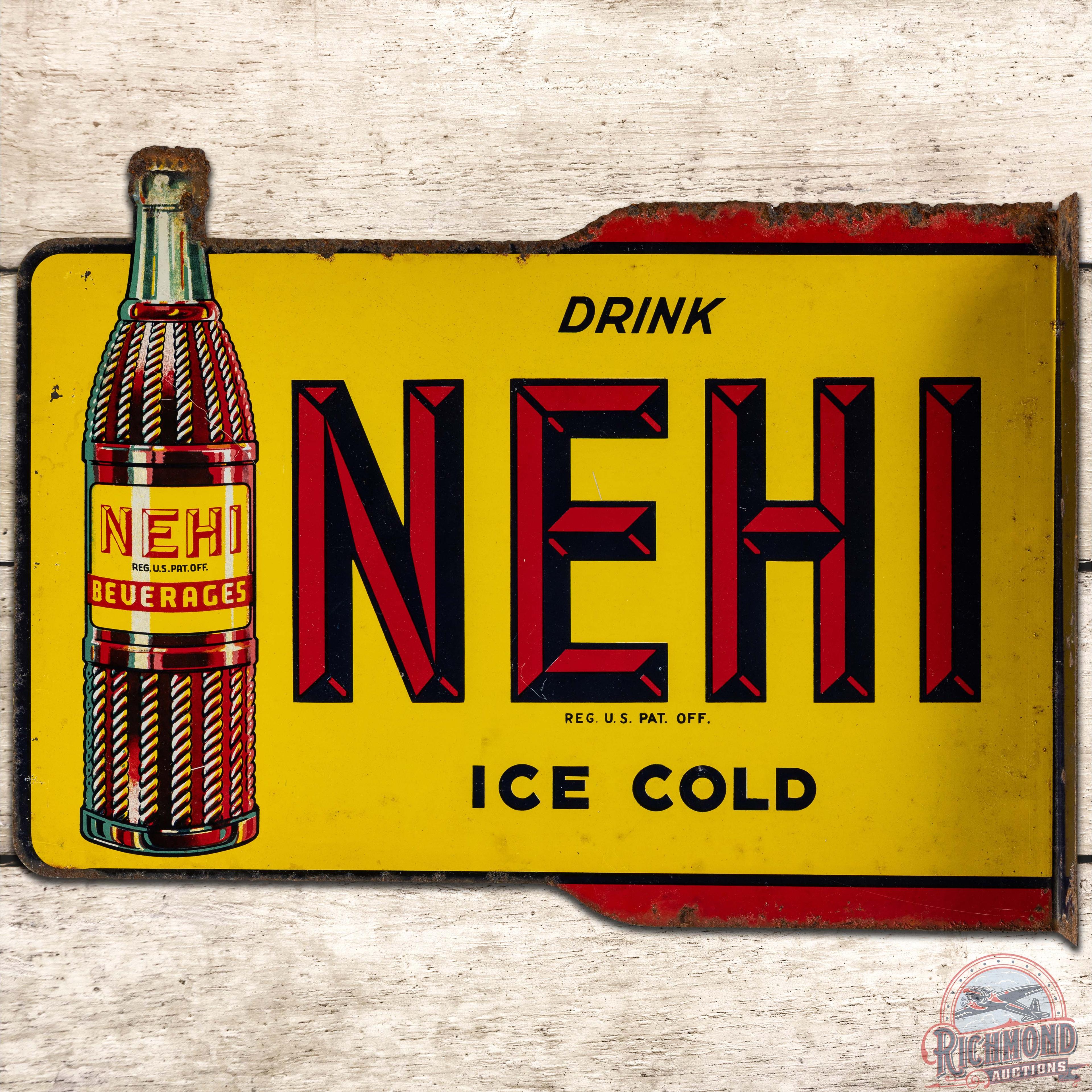 Drink Nehi Ice Cold Beverages Die Cut DS Tin Flange Sign w/ Bottle