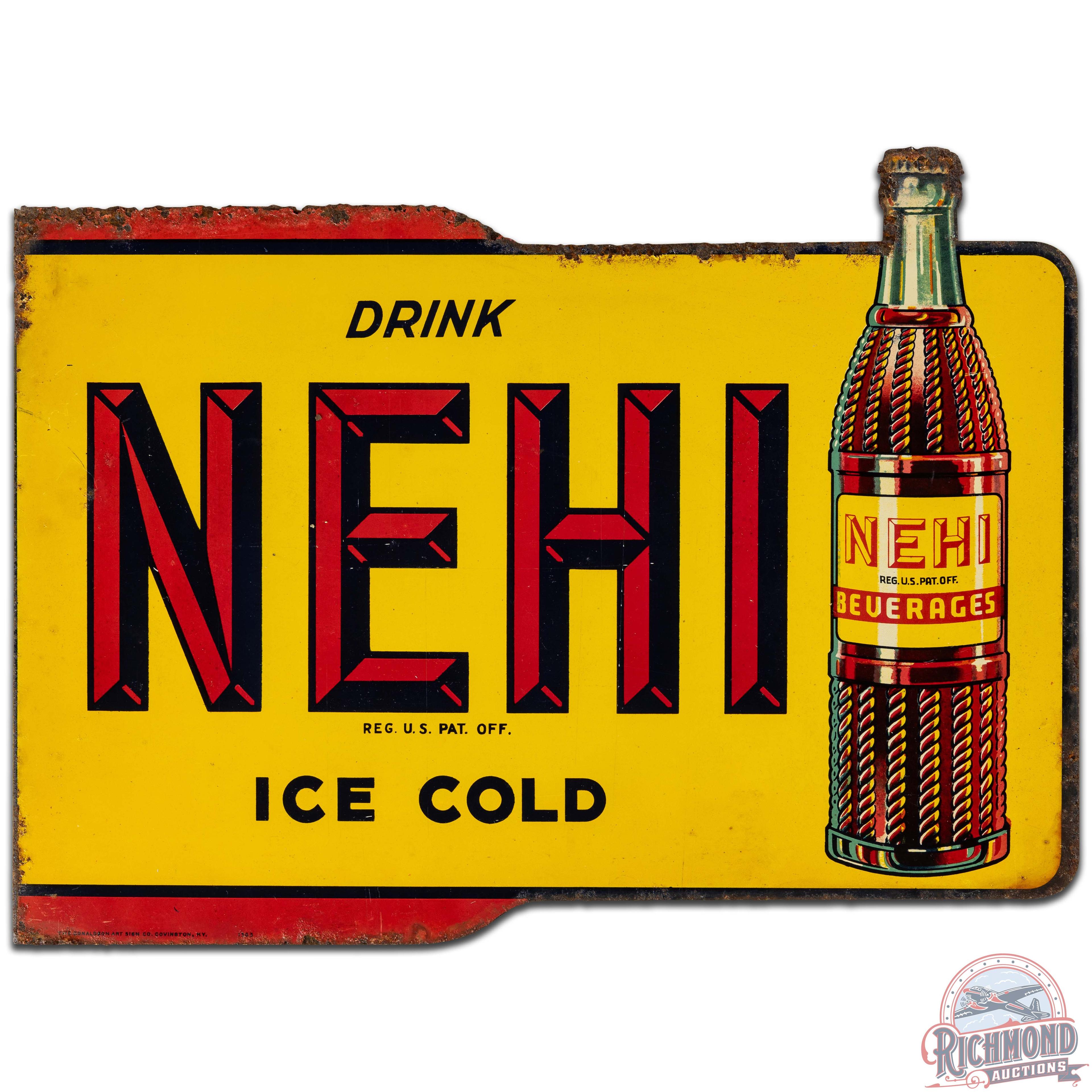 Drink Nehi Ice Cold Beverages Die Cut DS Tin Flange Sign w/ Bottle