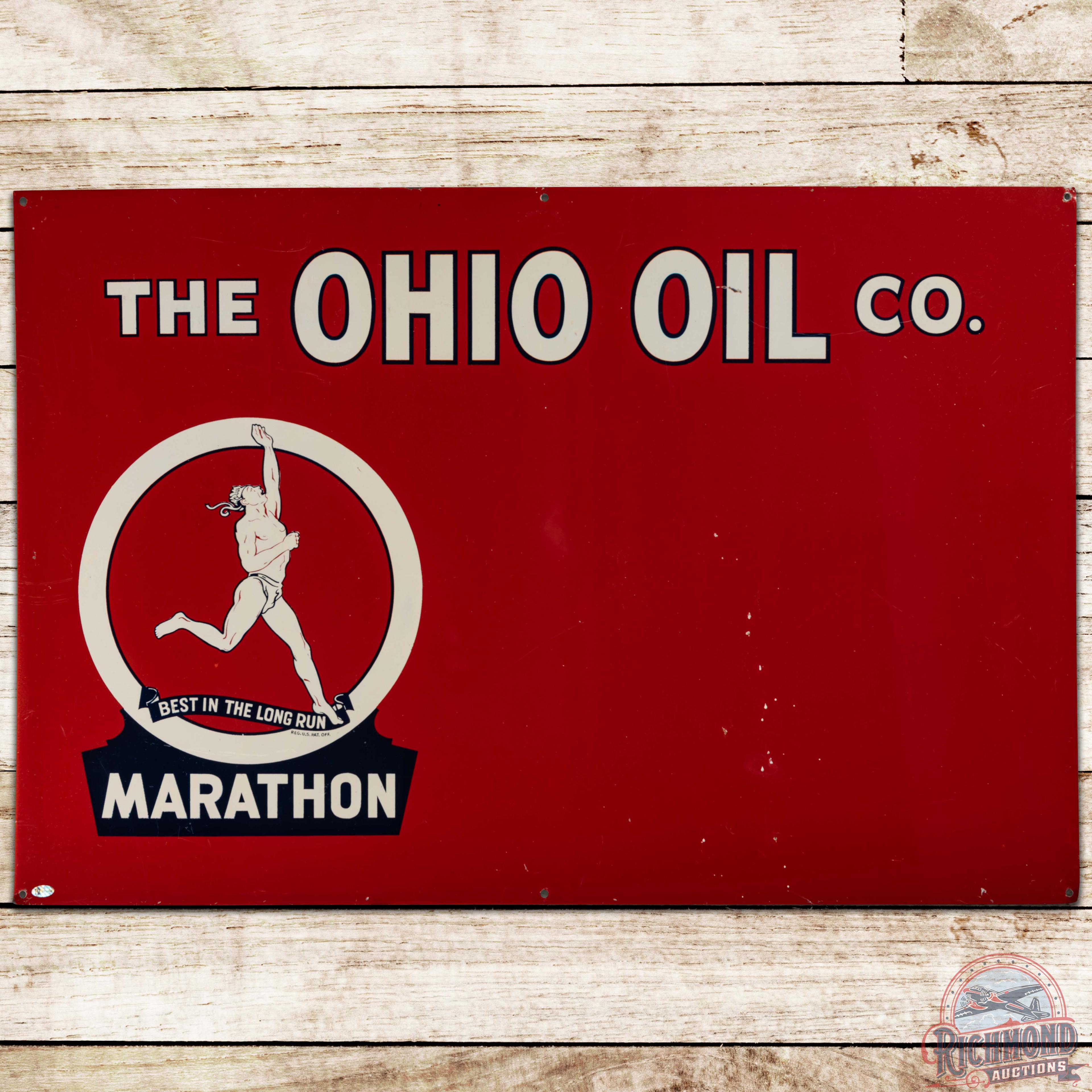 Marathon The Ohio Oil Company SS Tin Sign w/ Running Man Logo