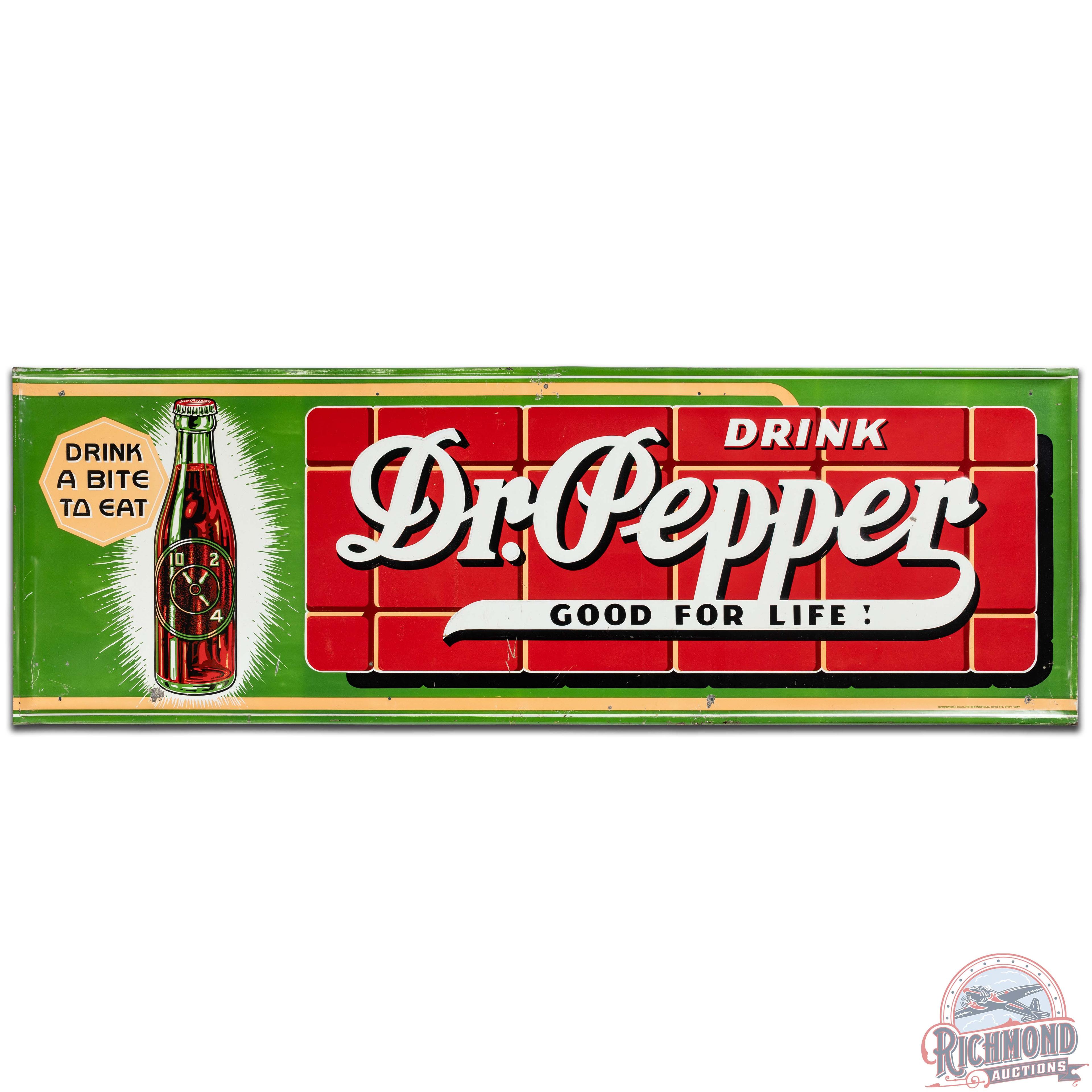 Scarce 1937 Drink Dr. Pepper Drink a Bite to Eat Emb. SS Tin Sign w/ Bottle