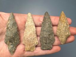 Lot of 4 Archaic Stem Arrowheads, Quartzite, Longest is 2 1/8", Found in Northampton Co., PA Ex: Bur