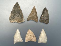 6 Triangle Points, Rhyolite, Chert, Quartz, Found in Jim Thorpe Area in Pennsylvania, Longest is 1 5