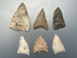 6 Triangle Points, Rhyolite, Chert, Quartz, Found in Jim Thorpe Area in Pennsylvania, Longest is 1 5