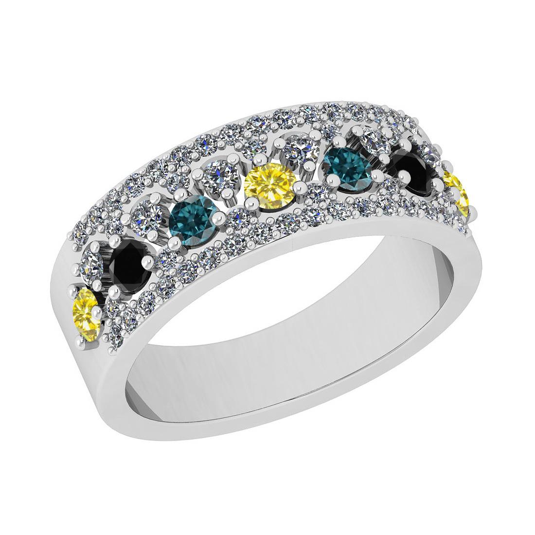 1.00 Ctw I2/I3 Multi Treated Fancy Blue,Black,Yellow And White Diamond 18K White Gold Wedding Band R