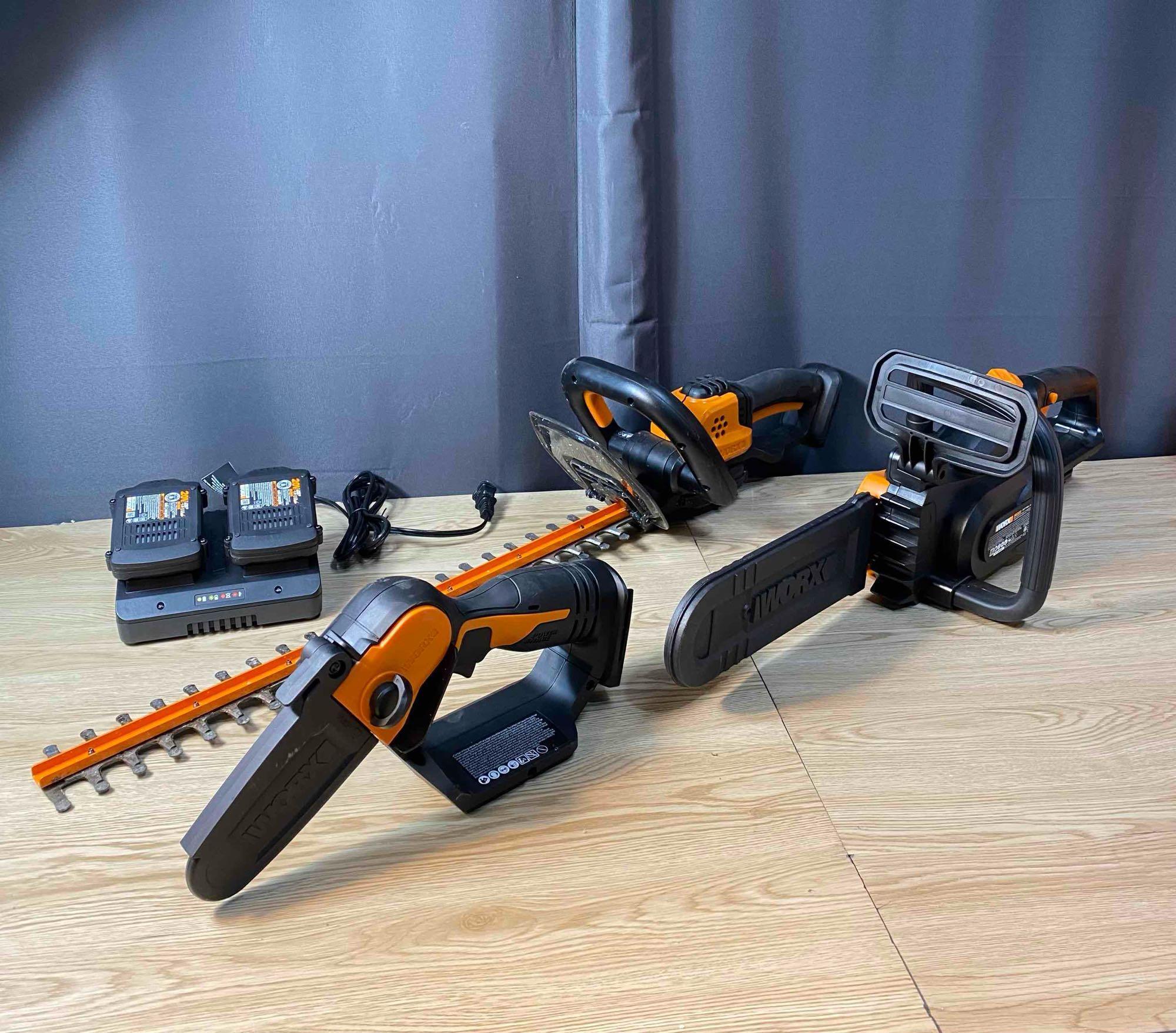 Worx 22" Hedge Trimmer, 5" Pruning Saw, 10" Cordless Chainsaw Combo Kit