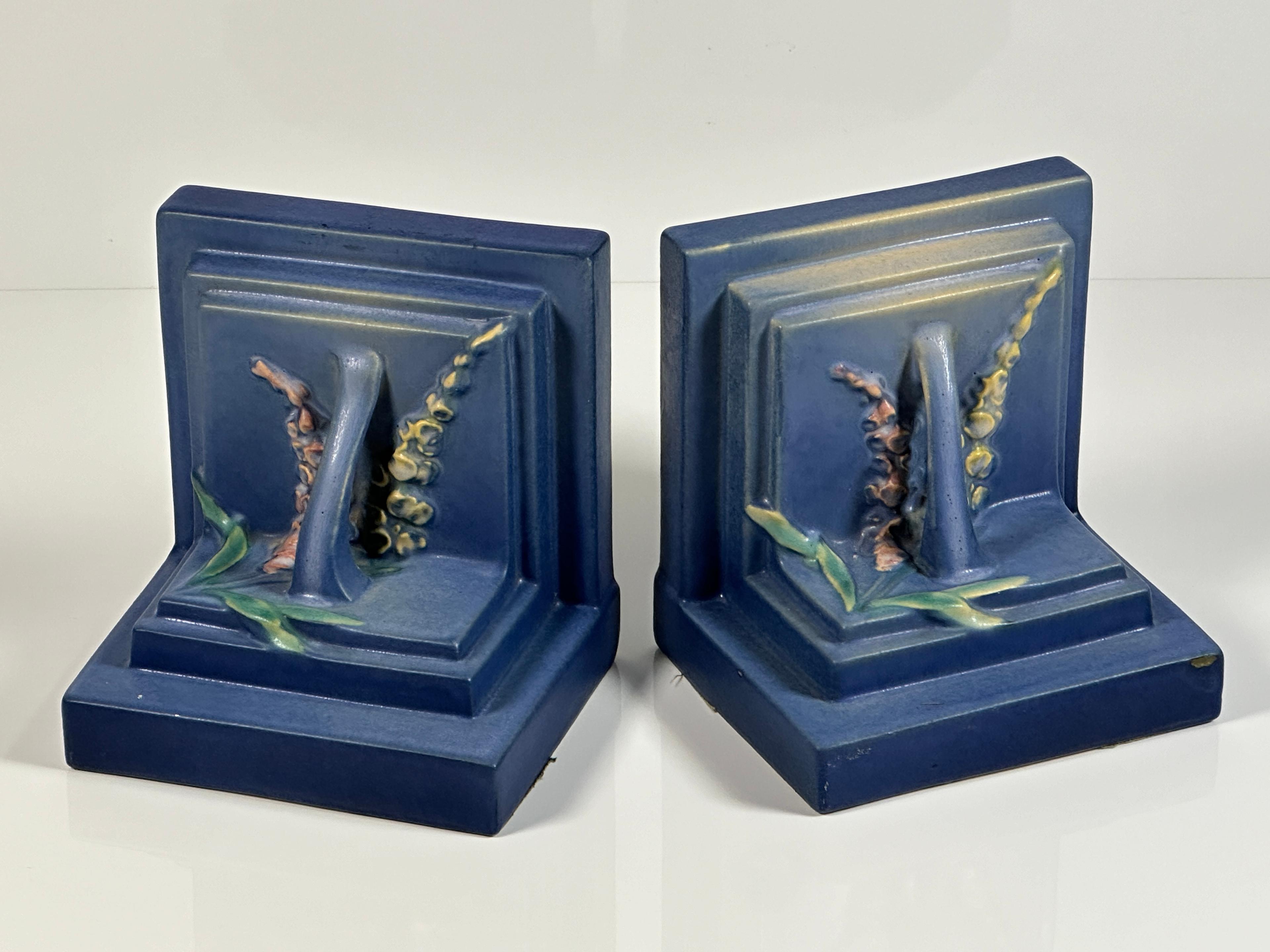 Roseville Pottery 1942 Foxglove Blue Glaze Bookends