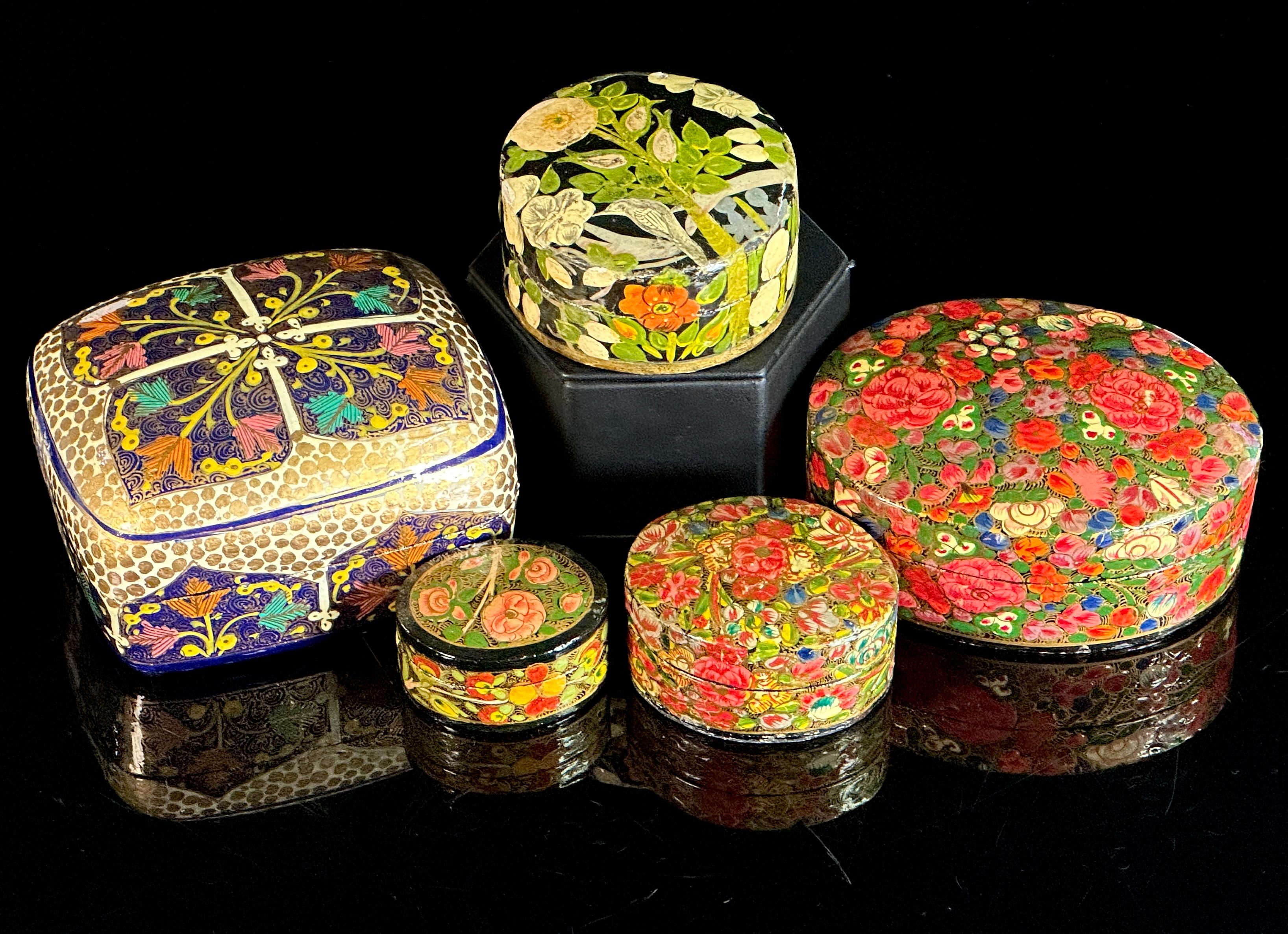 Five Hand-Painted Paper Mache Boxes