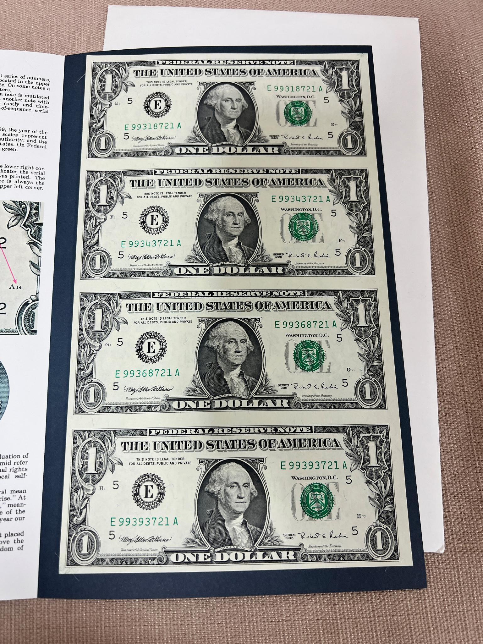 Uncut sheet of 4- 1995 $1.00 Federal Reserve notes