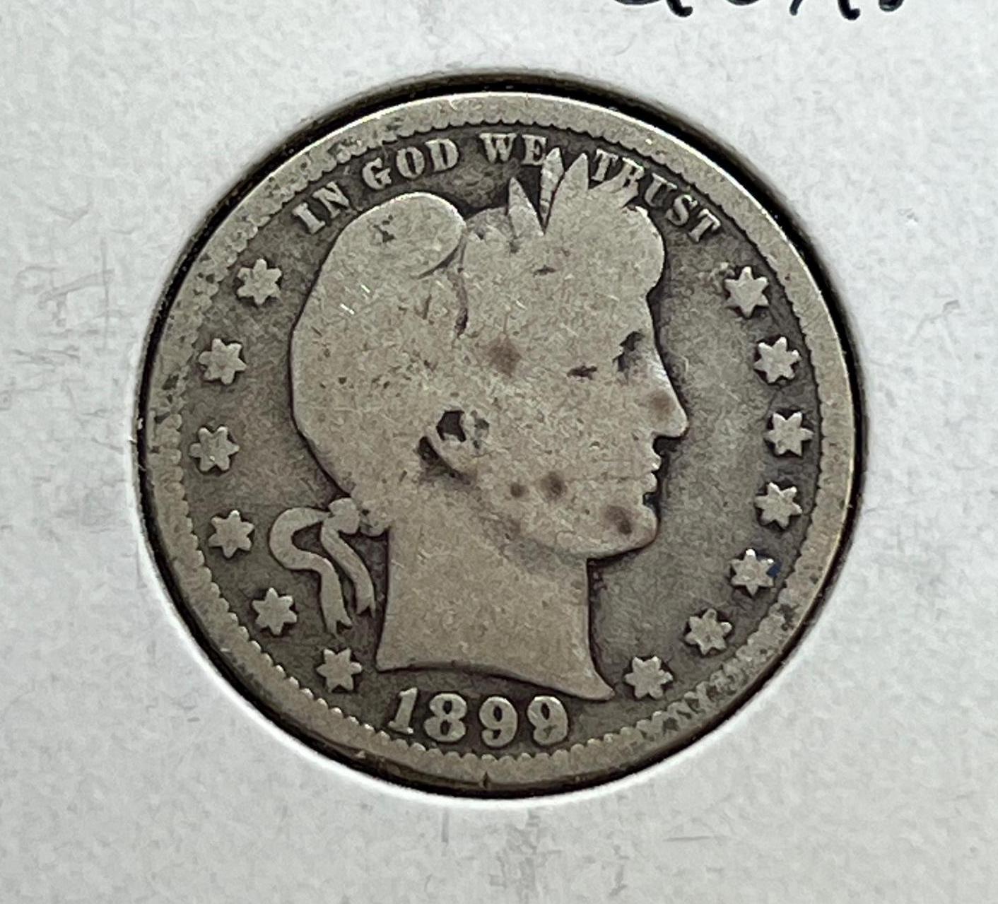 1899 Barber Quarter Dollar, 90% Silver