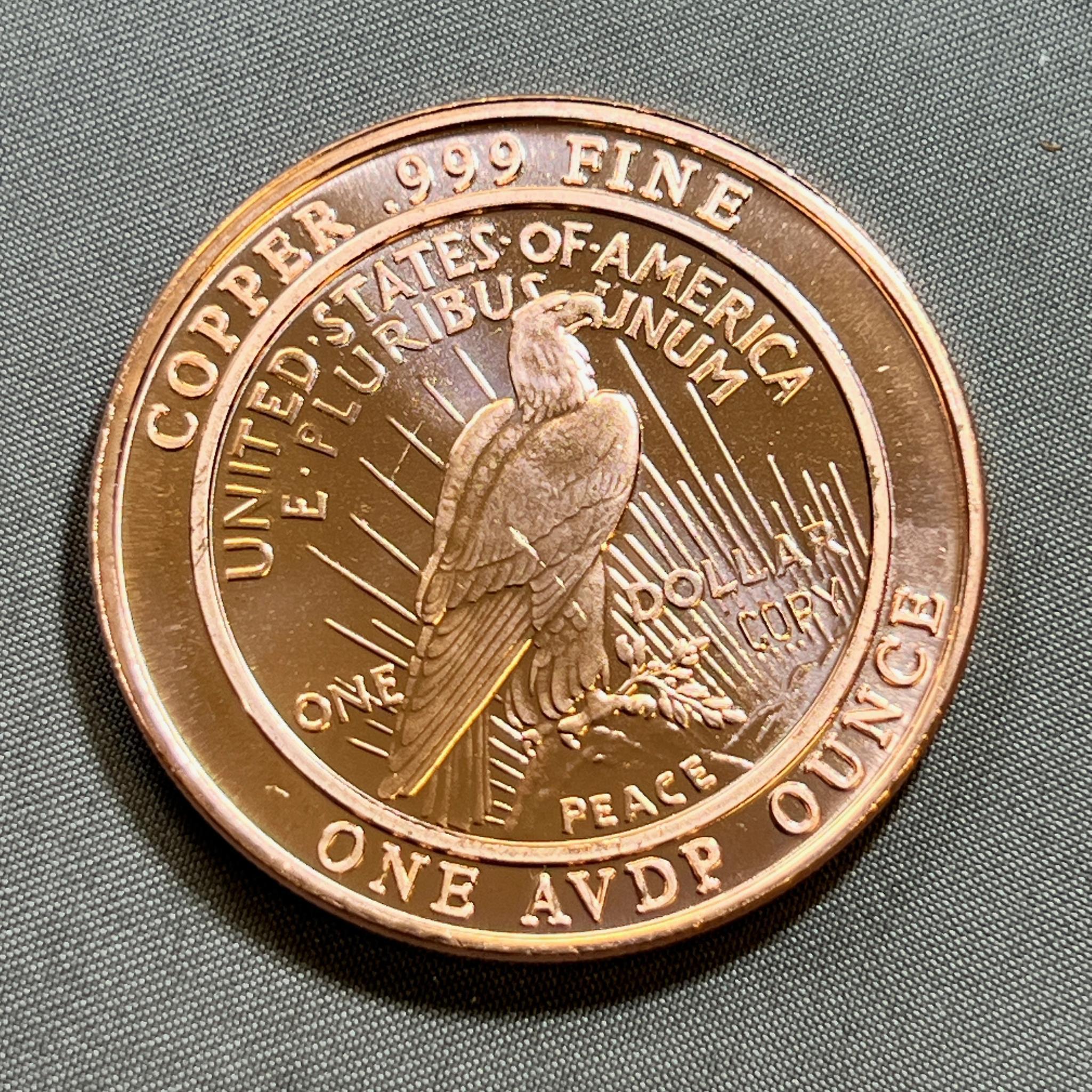 ONE OUNCE .999 COPPER ROUND, MADE IN THE LIKENESS OF A 1921 Peace Dollar