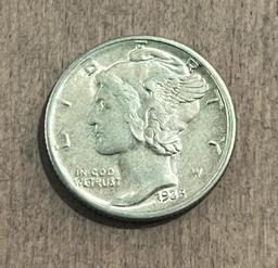 1935-D Mercury Dime, 90% Silver, UNC