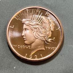 ONE OUNCE .999 COPPER ROUND, MADE IN THE LIKENESS OF A 1921 Peace Dollar