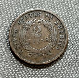 1864 US 2 Cent Piece, Civil War Coin, 180 DEGREE ROTATED DIE