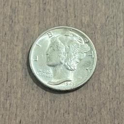 1943 Mercury Dime, 90% Silver, UNC