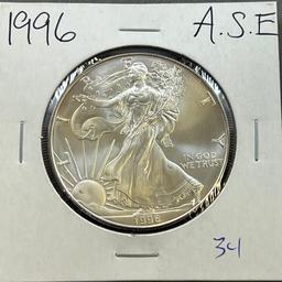 1996 US Silver Eagle Dollar Coin, .999 Fine Silver, GEM UNC