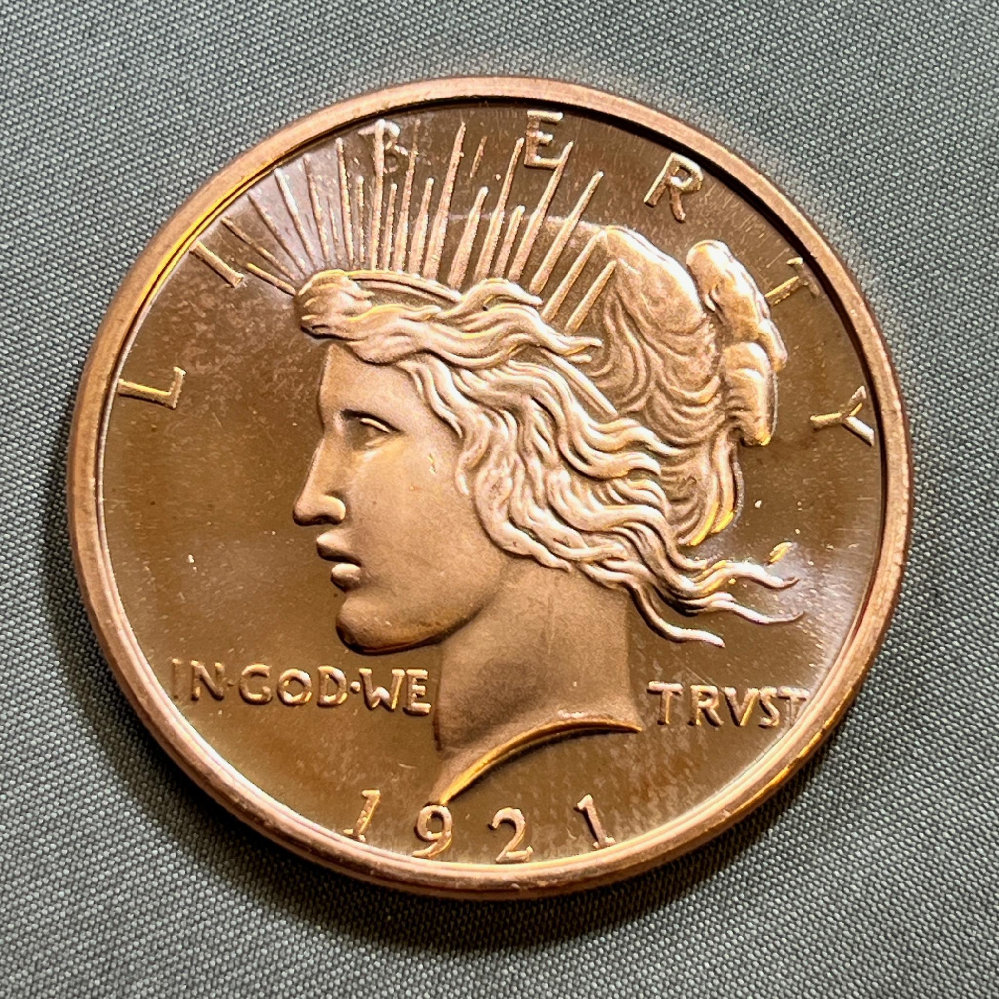 ONE OUNCE .999 COPPER ROUND, MADE IN THE LIKENESS OF A 1921 Peace Dollar