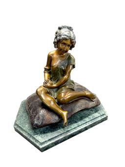 Girl on Pillow Bronze Sculpture Signed Auguste Moreau