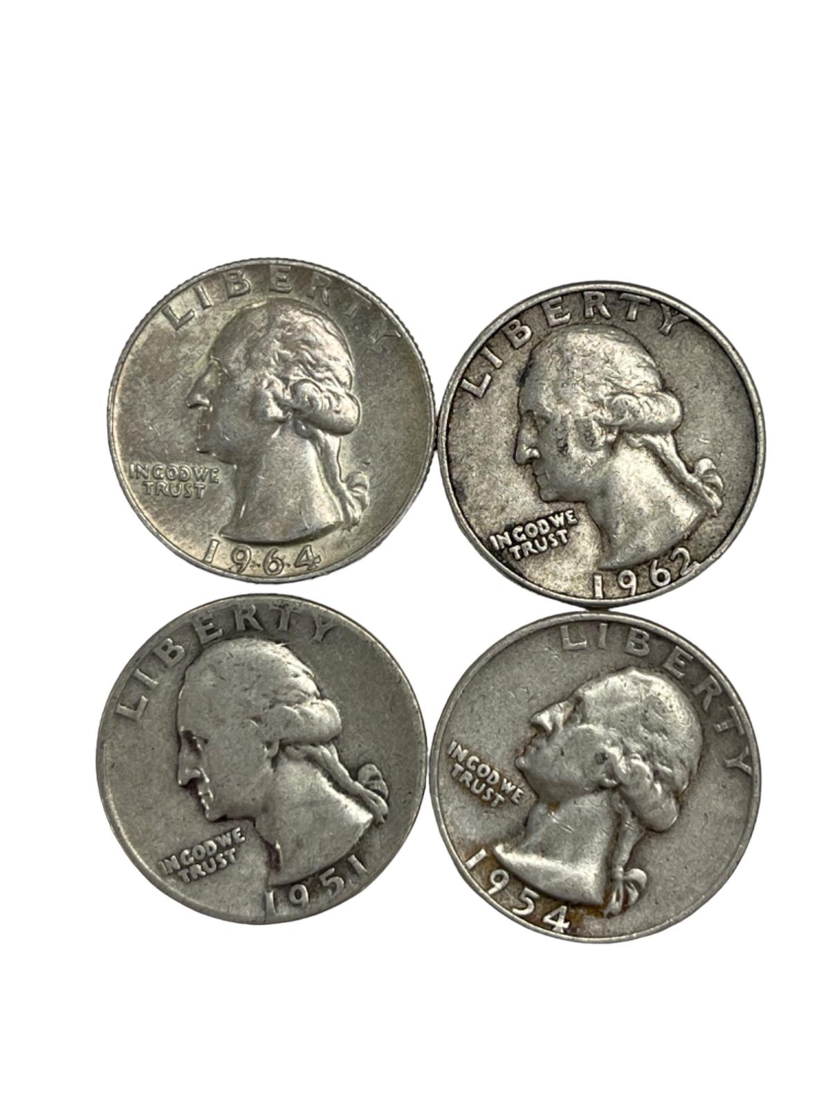 Vintage Silver One Dollar Face Washington Quarter Value Walking Liberty Coin Collection Lot of 4