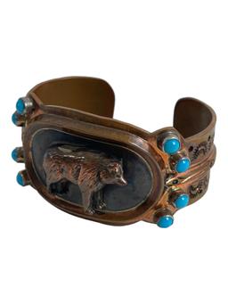 NATIVE AMERICAN INDIAN TURQUOISE CUFF BRACELET STERLING SILVER COPPER WOLF