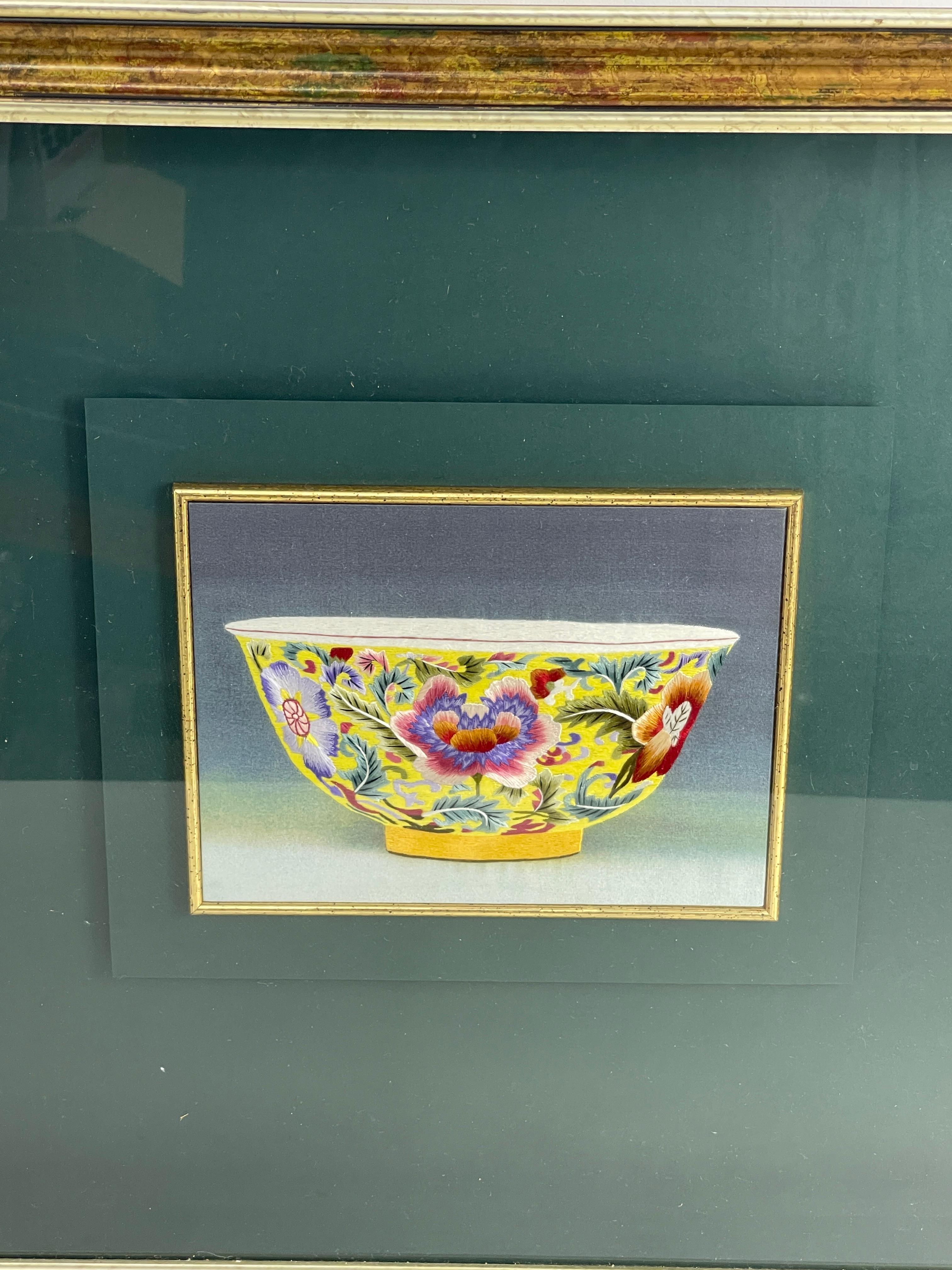 ANTIQUE CHINESE NEEDLEPOINT TAPESTRY ART FRAMED BOWL