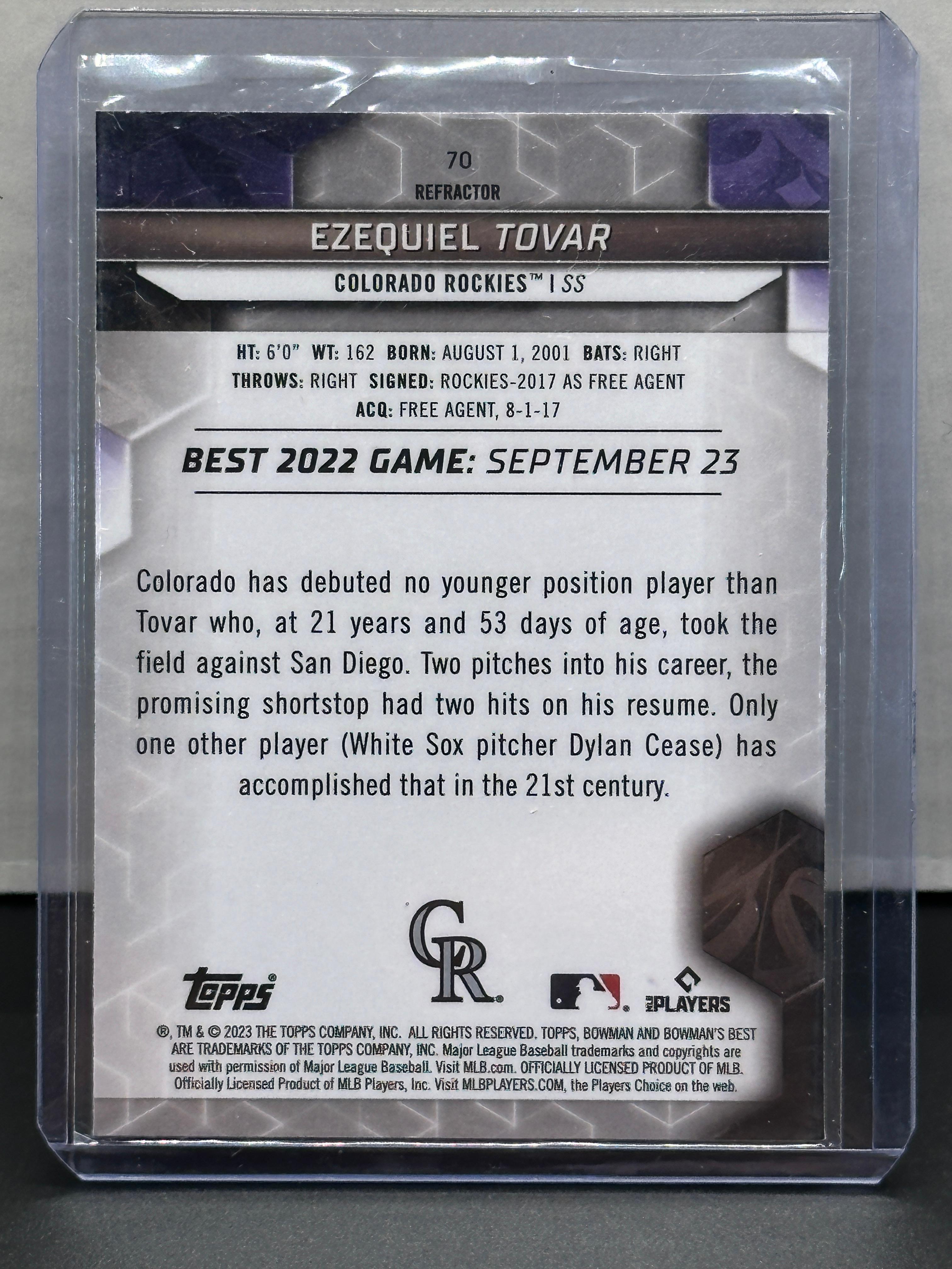 Ezequiel Tovar 2023 Bowman's Best Refractor Rookie RC #70