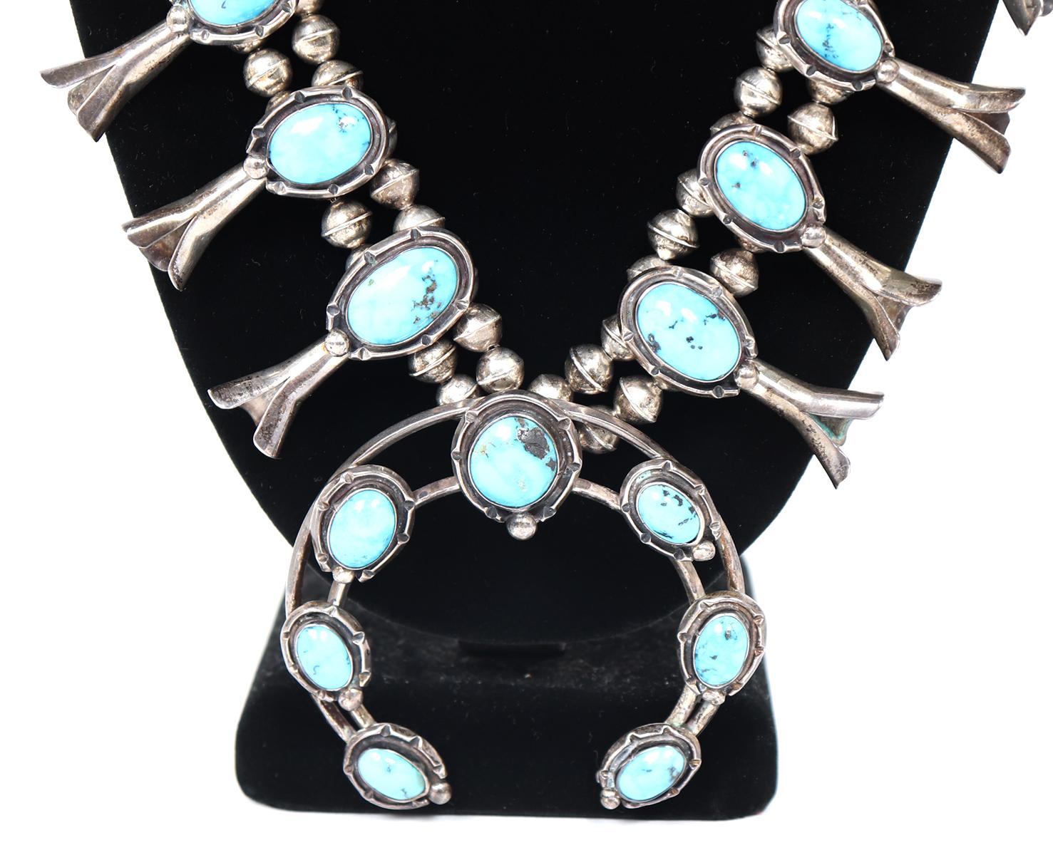 Gorgeous Sterling Silver & Turquoise Turtle Squash Blossom Necklace